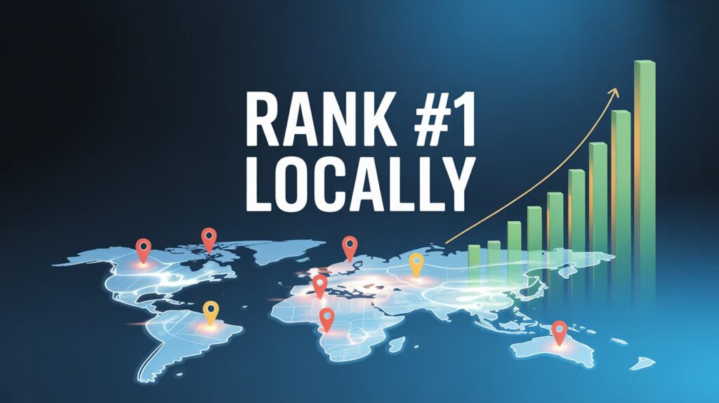 Local SEO services helping businesses rank #1 on Google Maps with location pins and growth graph