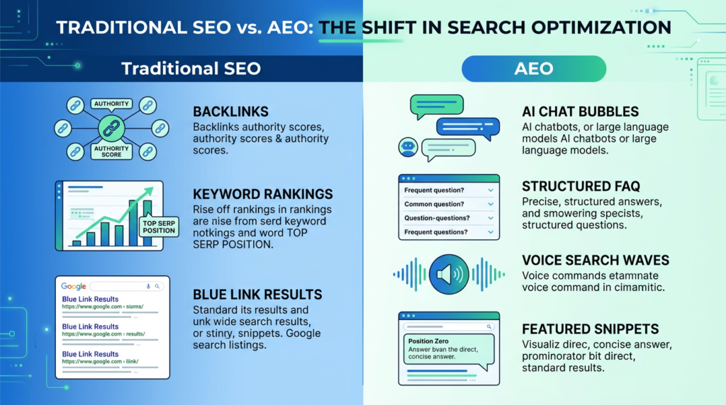 AEO vs SEO comparison infographic for local businesses showing key differences in strategy and outcomes