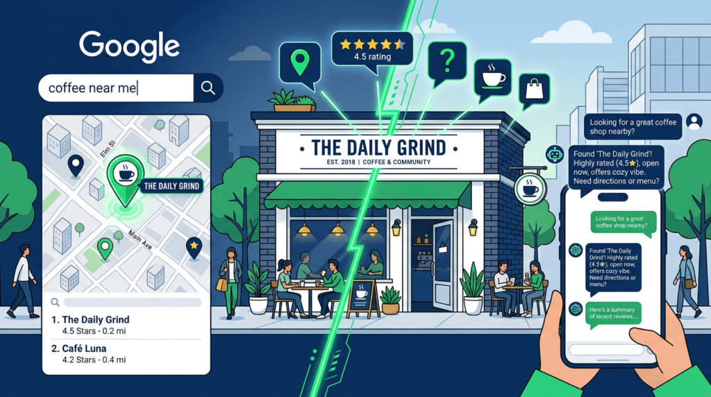 Answer engine optimization for local businesses showing AI search vs traditional Google search comparison