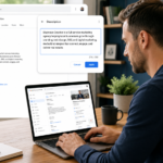 Local business owner writing a GBP description on laptop to rank in AI search results.