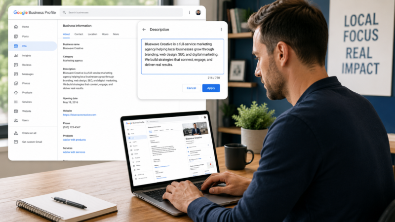Local business owner writing a GBP description on laptop to rank in AI search results.