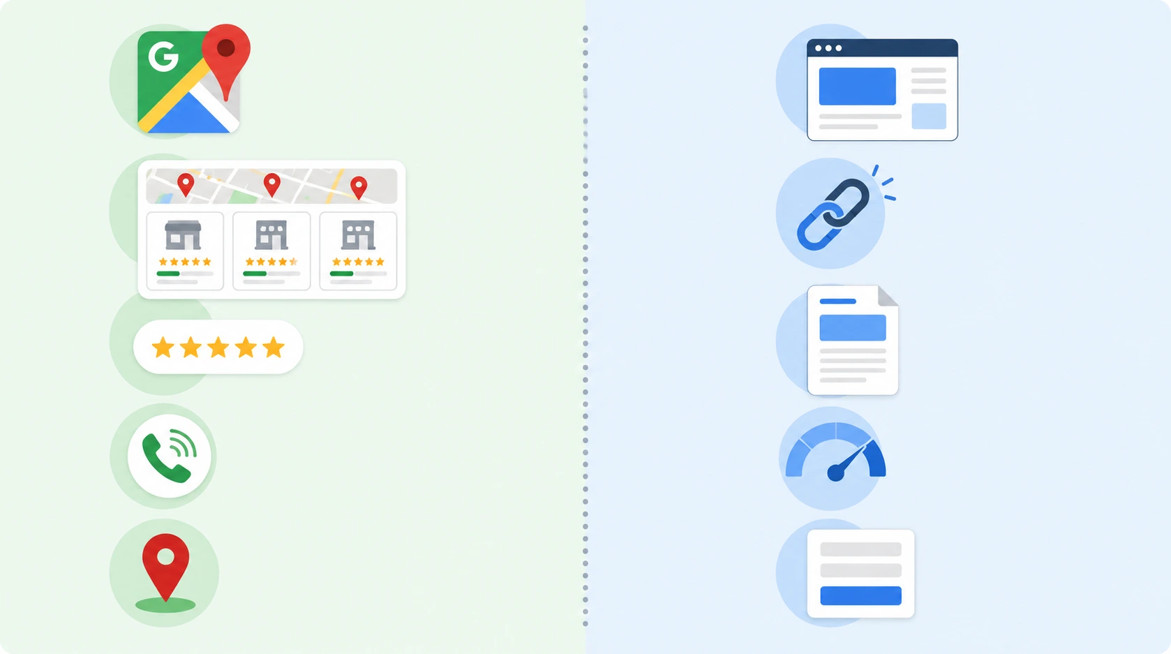 Infographic comparing GMB vs Website SEO key differences including ranking signals, traffic types, and where each appears in search results
