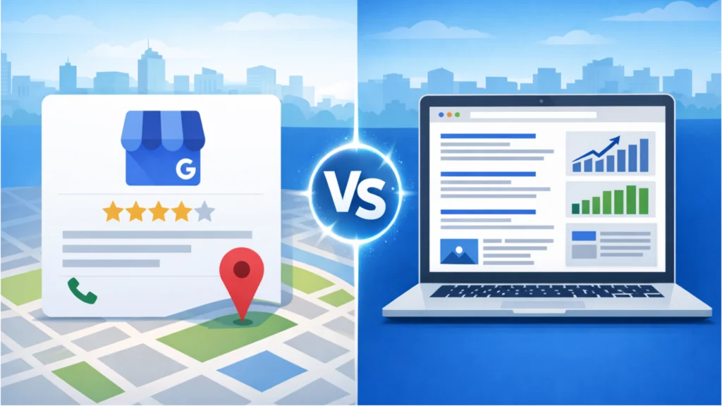GMB vs Website SEO: Which One Actually Drives Local Growth? 3 GMB vs Website SEO comparison showing a Google Business Profile listing alongside a website with organic search results for local business growth
