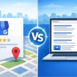 GMB vs Website SEO comparison showing a Google Business Profile listing alongside a website with organic search results for local business growth