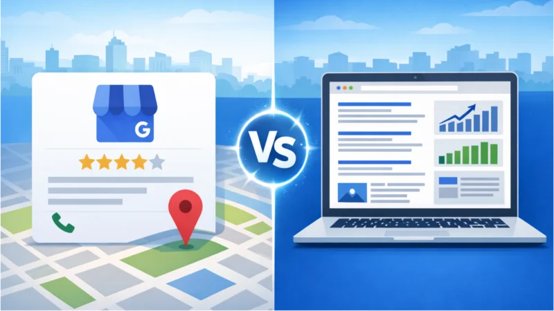 GMB vs Website SEO comparison showing a Google Business Profile listing alongside a website with organic search results for local business growth