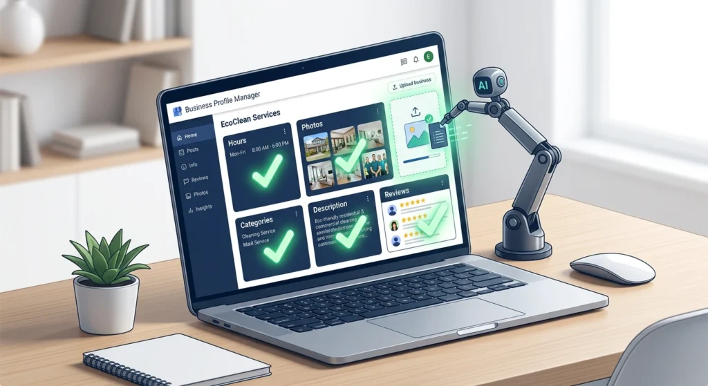 AI automatically optimizing a Google Business Profile with accurate hours, photos, and business categories