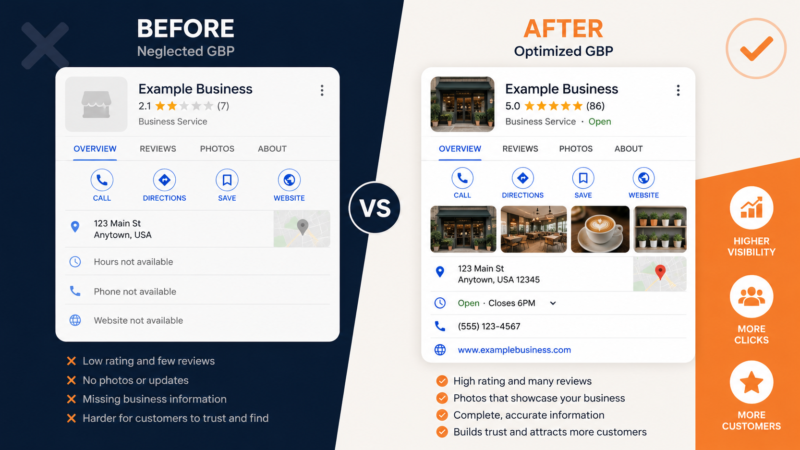 Google Business Profile optimization guide for small businesses — before and after comparison