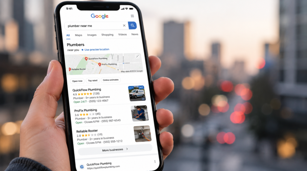 Google Maps 3-Pack search result showing local business rankings for a service search