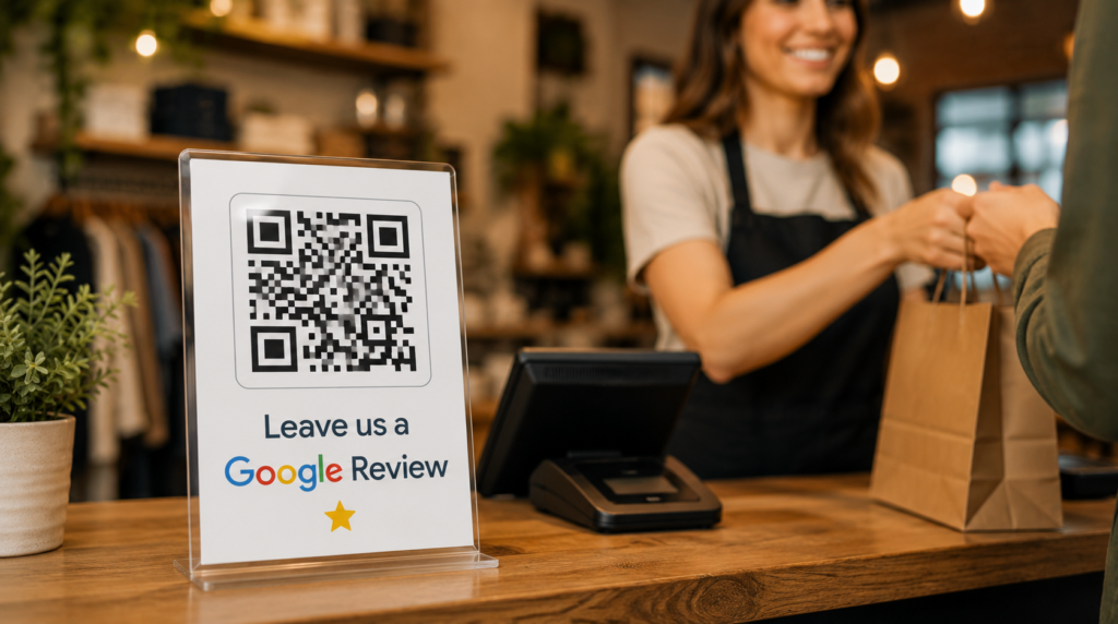 Printed Google review QR code on a countertop stand at a small business checkout desk