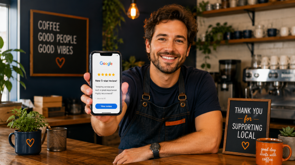 How to get more Google reviews for your small business — owner smiling at a 5-star review on their phone