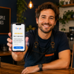 How to get more Google reviews for your small business — owner smiling at a 5-star review on their phone