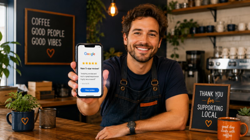 How to get more Google reviews for your small business — owner smiling at a 5-star review on their phone