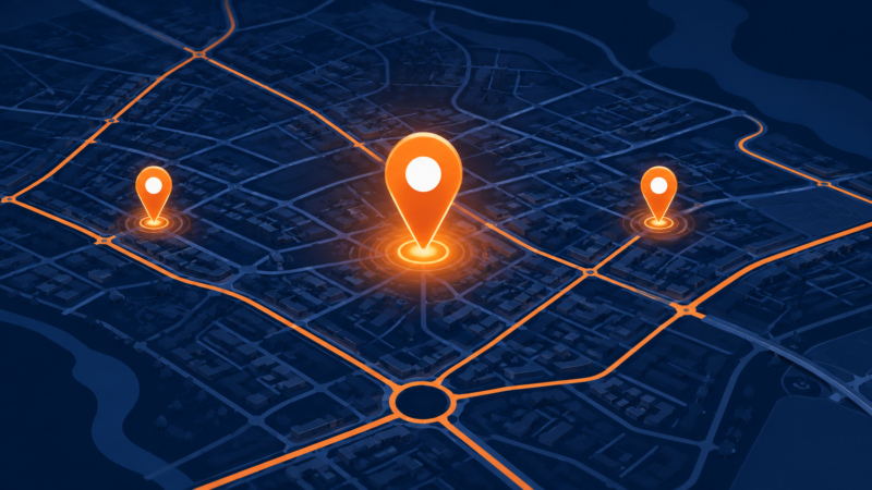 How to rank higher on Google Maps — illustrated city map showing the Google Maps 3-Pack pin markers