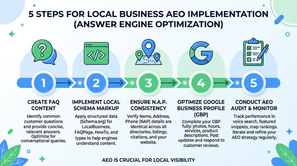 Five-step AEO strategy for local businesses including FAQ content, schema markup, and Google Business Profile optimization