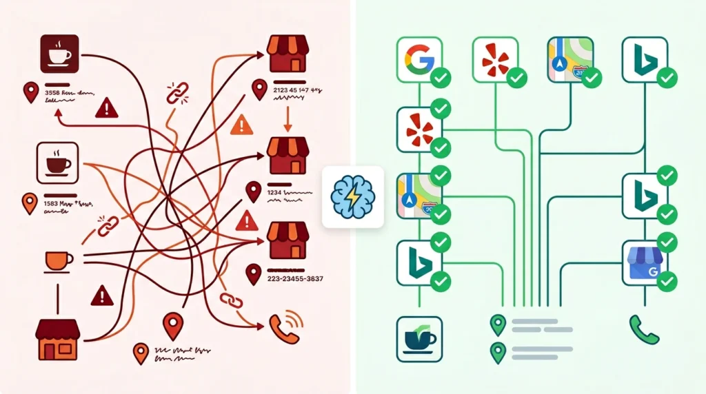 Before and after showing inconsistent business citations corrected by AI-powered local SEO citation management