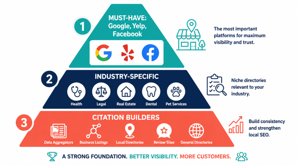 Infographic showing the three tiers of local business directories: must-have, industry-specific, and citation builders