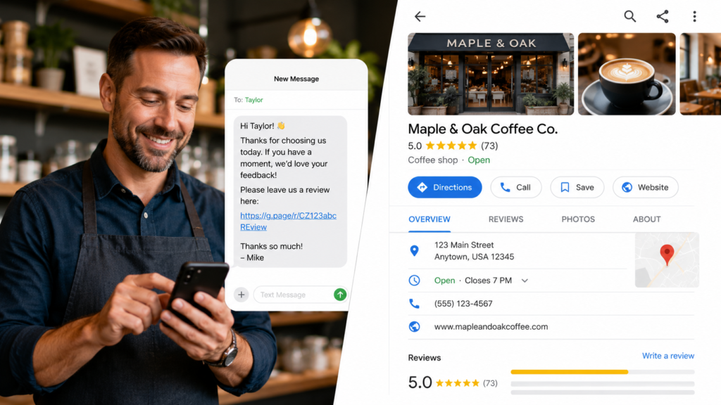 Small business owner sending a Google review link to a customer via text message