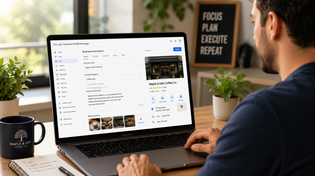 Small business owner setting up and optimizing their Google Business Profile dashboard on a laptop