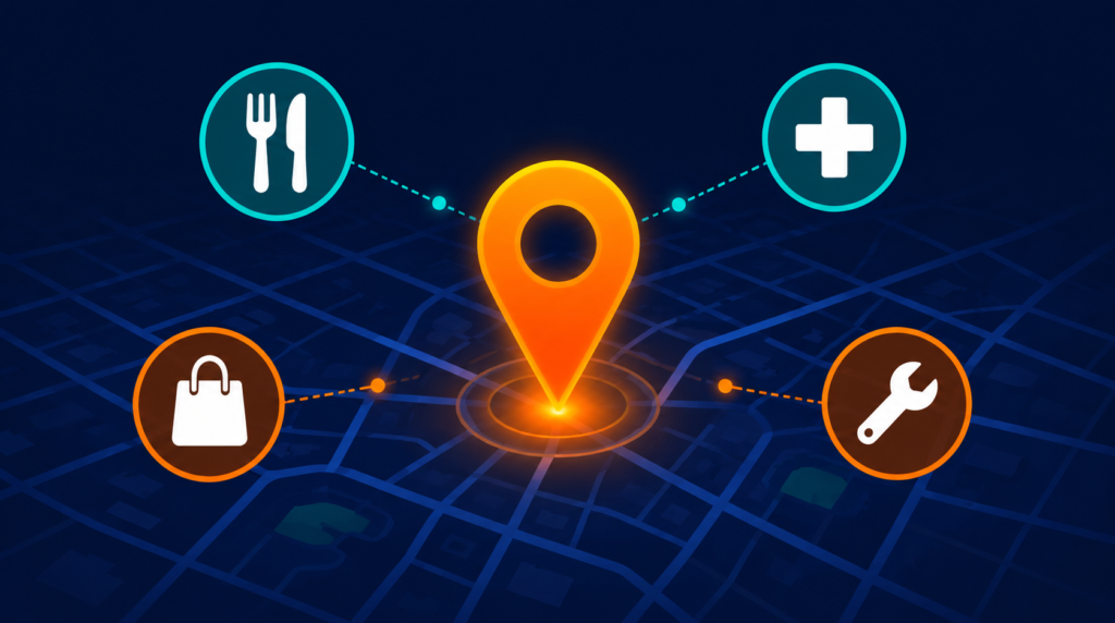 Map pin surrounded by local business icons representing the top 50 local business directories for 2025