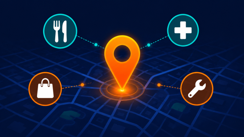 Map pin surrounded by local business icons representing the top 50 local business directories for 2025