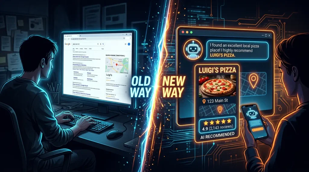 Old vs new local SEO strategy — traditional Google search vs AI-powered business recommendations