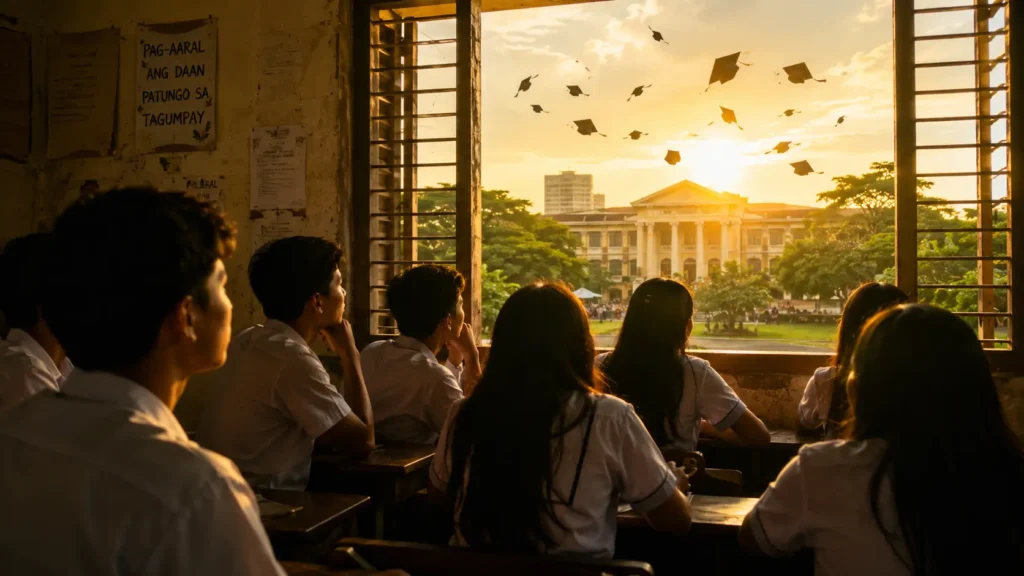 Filipino students in a classroom dreaming of college while poverty keeps higher education out of reach