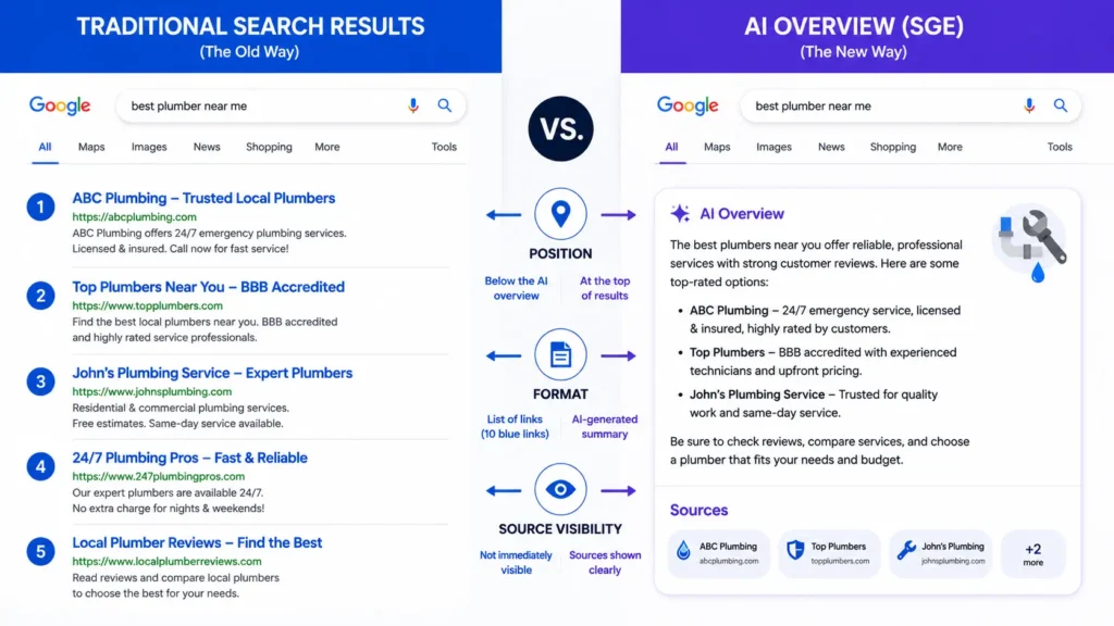 Google AI Overviews: What Local Businesses Need to Know 2 Comparison infographic of AI Overviews versus traditional Google search results
