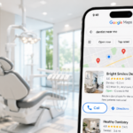 Modern dental clinic interior with a smartphone showing a 5-star Google Maps rating for the practice