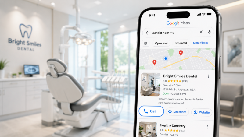Modern dental clinic interior with a smartphone showing a 5-star Google Maps rating for the practice