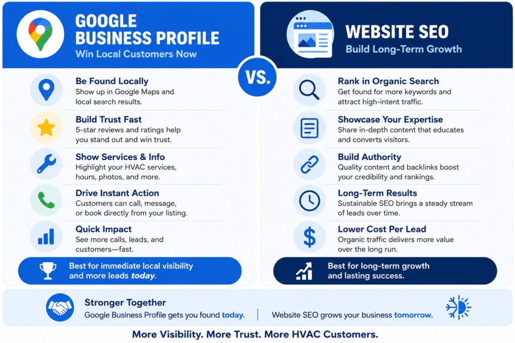 Local SEO for HVAC Companies: How to Get More Service Calls from Google Maps 2 Infographic comparing Google Business Profile vs website SEO for HVAC companies