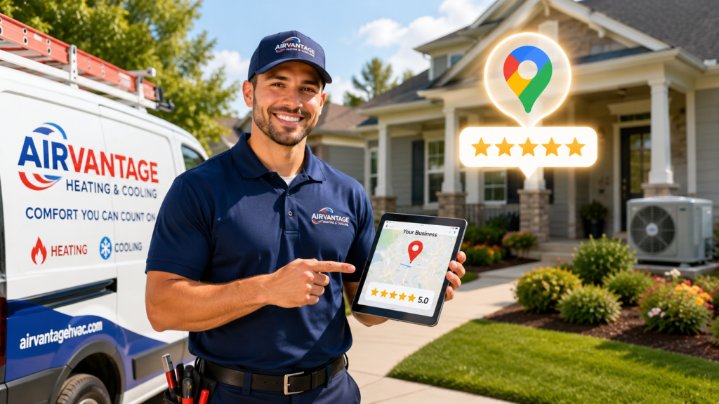HVAC technician with tablet showing Google Maps local SEO ranking