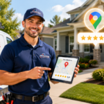 HVAC technician with tablet showing Google Maps local SEO ranking