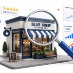 A small business storefront being analyzed with a magnifying glass for a local SEO audit.