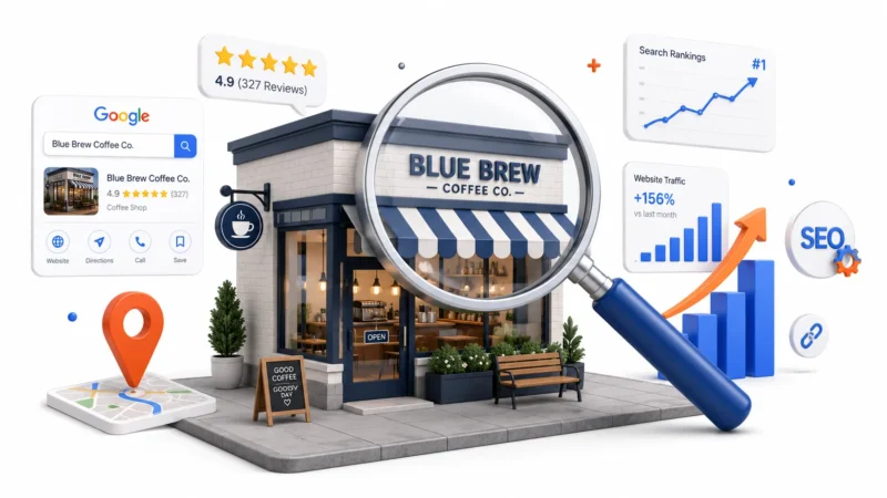 A small business storefront being analyzed with a magnifying glass for a local SEO audit.