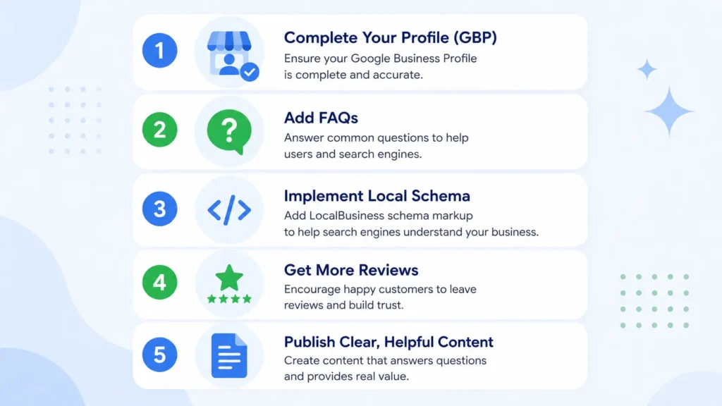 Google AI Overviews: What Local Businesses Need to Know 3 Step-by-step checklist for optimizing a local business for Google AI Overviews