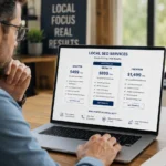 Small business owner reviewing local SEO pricing breakdown on laptop