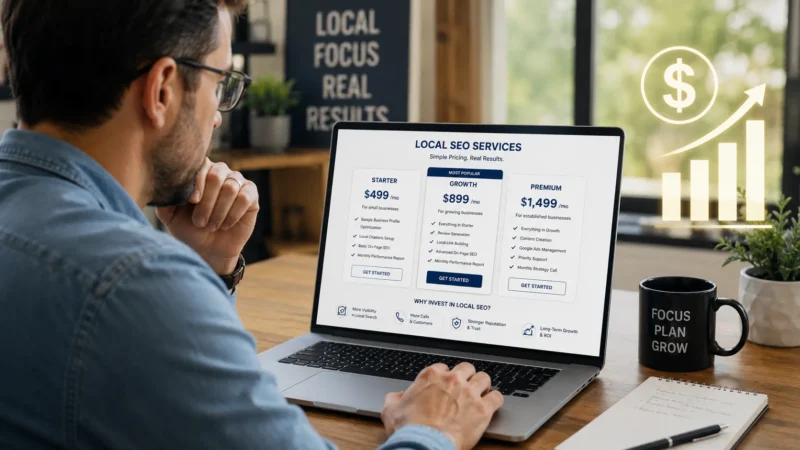 Small business owner reviewing local SEO pricing breakdown on laptop
