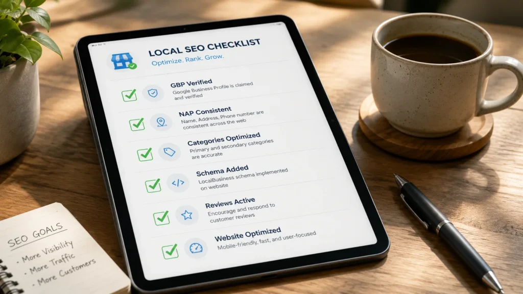 A digital tablet showing a completed local SEO audit checklist for a business.
