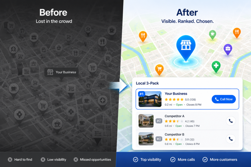 Comparison showing a business before and after Local SEO optimization in the Google Local 3-Pack.