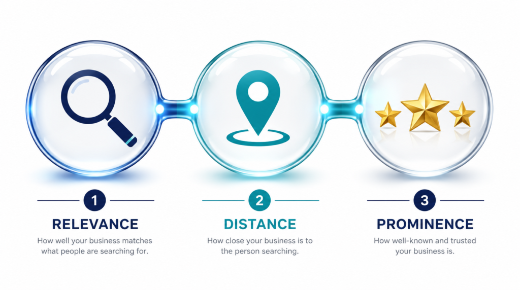 Infographic showing the three pillars of Local SEO: Relevance, Distance, and Prominence.