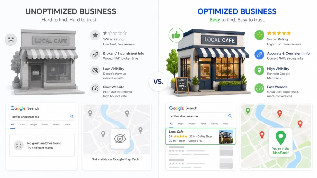 Comparison between a business with poor local SEO and one with an optimized