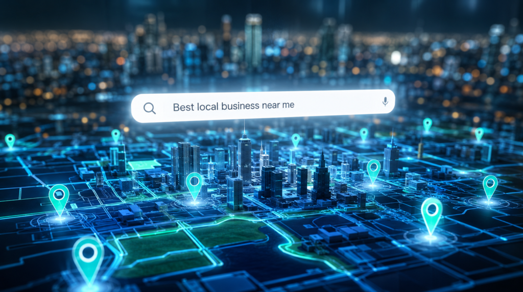 A digital 3D map of a city showing local business location pins and a search bar for Local SEO