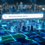 A digital 3D map of a city showing local business location pins and a search bar for Local SEO