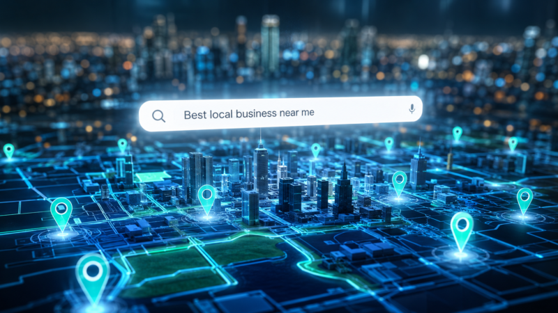 A digital 3D map of a city showing local business location pins and a search bar for Local SEO