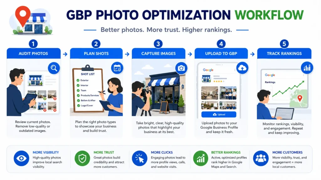 GBP Photo Optimization: How Photos Affect Your Google Maps Ranking 3 GBP photo optimization workflow for local businesses