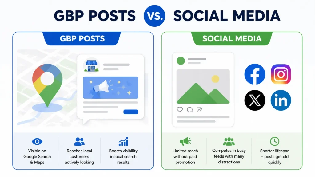 How to Use Google Business Profile Posts to Boost Local Visibility 2 Comparison of Google Business Profile posts versus social media posts for local SEO