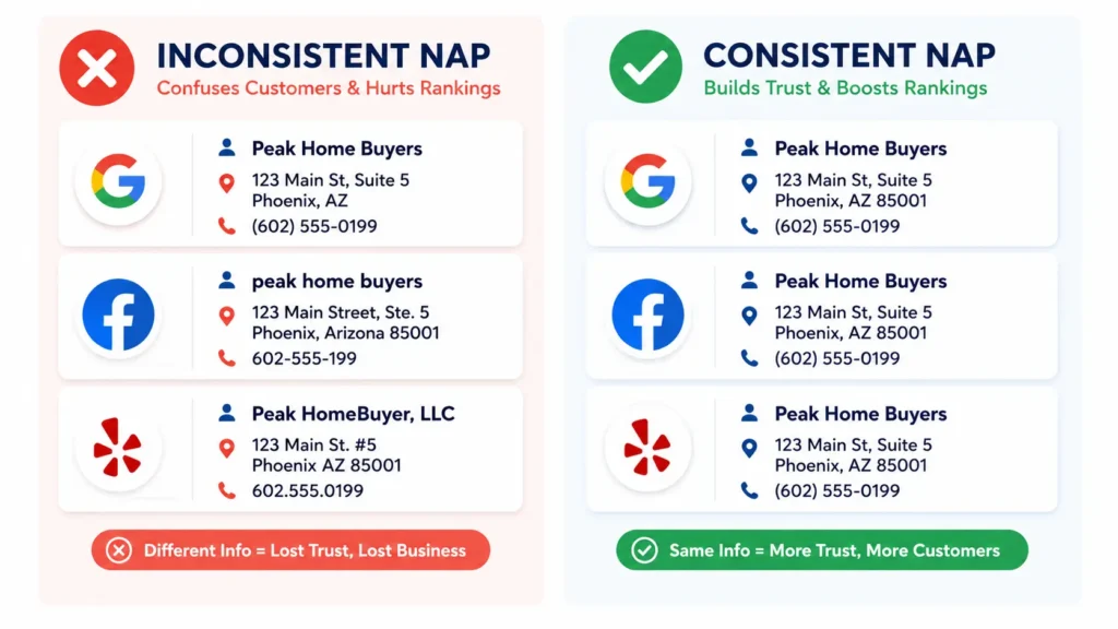 Infographic comparing consistent versus inconsistent NAP business listing data

