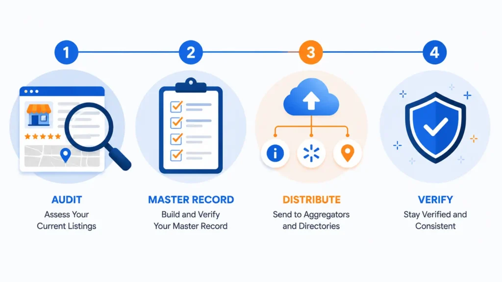 Four-step visual guide for auditing and fixing NAP consistency across local citations
