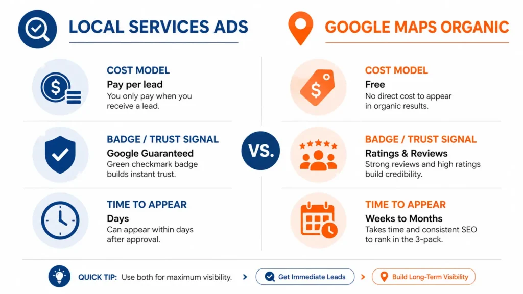 Local Services Ads vs. Google Maps Organic: What's the Difference? 2 Infographic comparing Local Services Ads cost and timing to Google Maps organic rankings