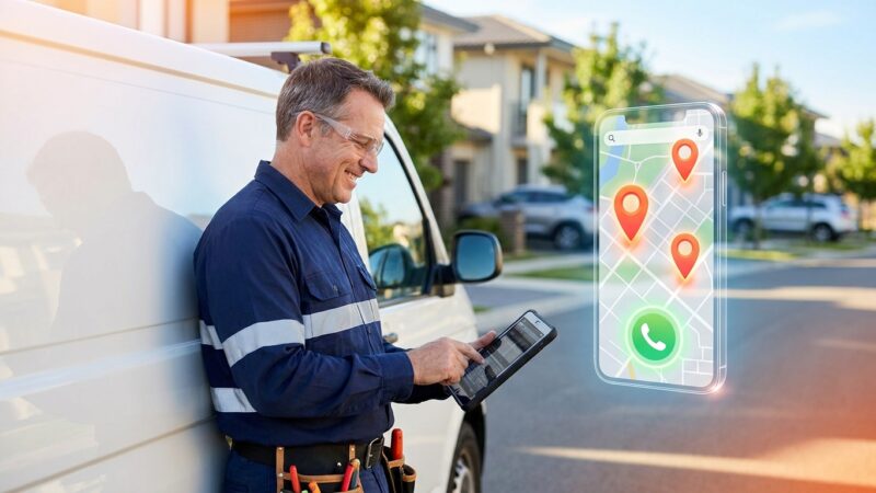 Electrician reviewing Google Maps local SEO rankings on a tablet beside a service van